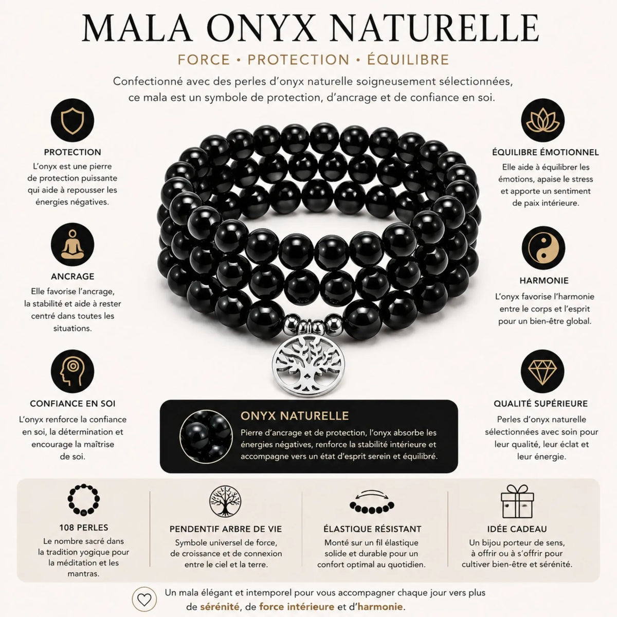 Mala Onyx Noir Naturel 108 Perles 8 mm – Arbre de Vie – Fabrication Française Mala Tibétain La Maison de Bouddha