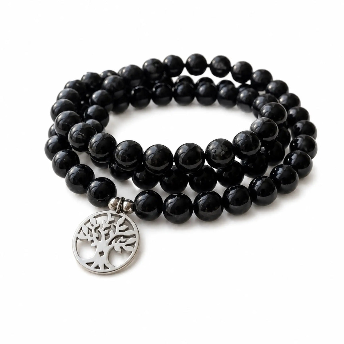 Mala Onyx Noir Naturel 108 Perles 8 mm – Arbre de Vie – Fabrication Française Mala Tibétain La Maison de Bouddha