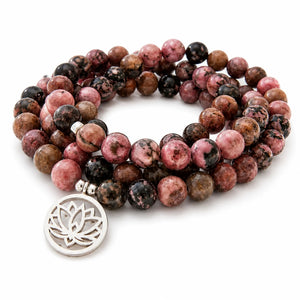 Mala Rhodonite Naturelle 108 Perles – Collier Lotus en Pierre Naturelle pour Yoga & Méditation Mala Tibétain La Maison de Bouddha