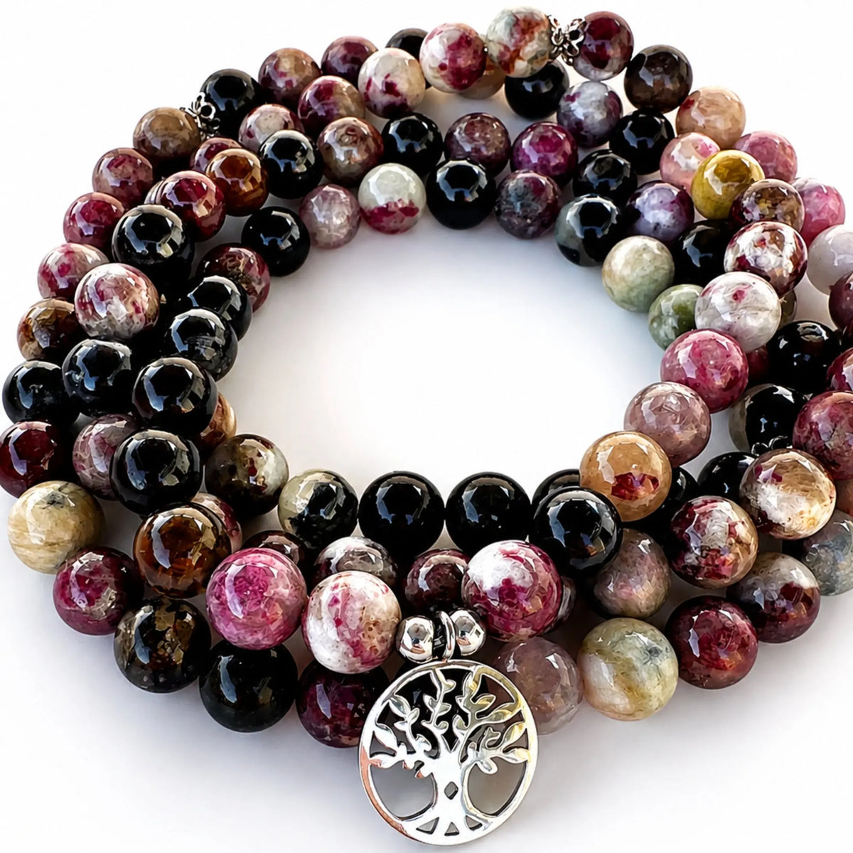Mala Tourmaline Naturelle 108 Perles – Pendentif Arbre de Vie Mala Tibétain La Maison de Bouddha