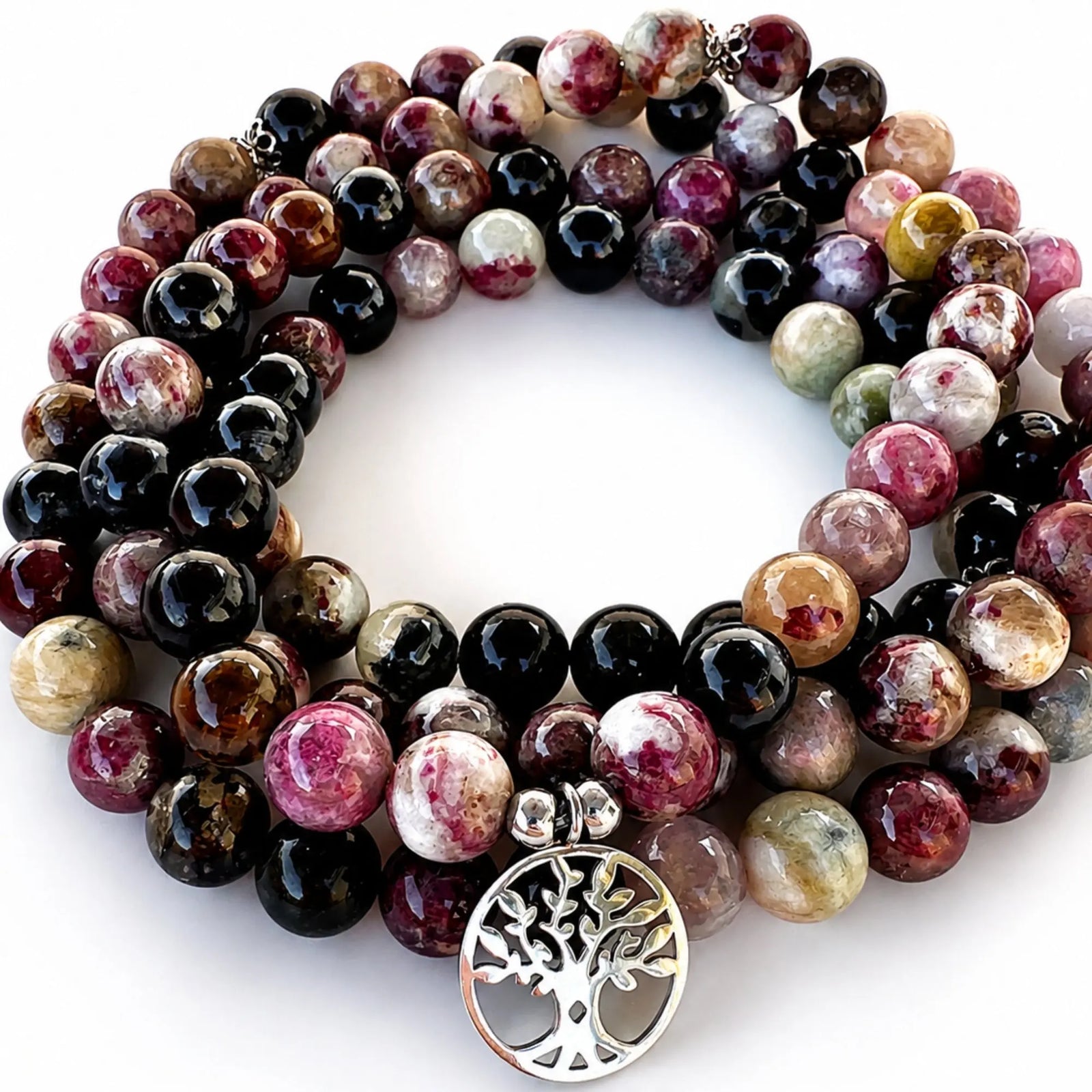 Mala Tourmaline Naturelle 108 Perles – Pendentif Arbre de Vie Mala Tibétain La Maison de Bouddha