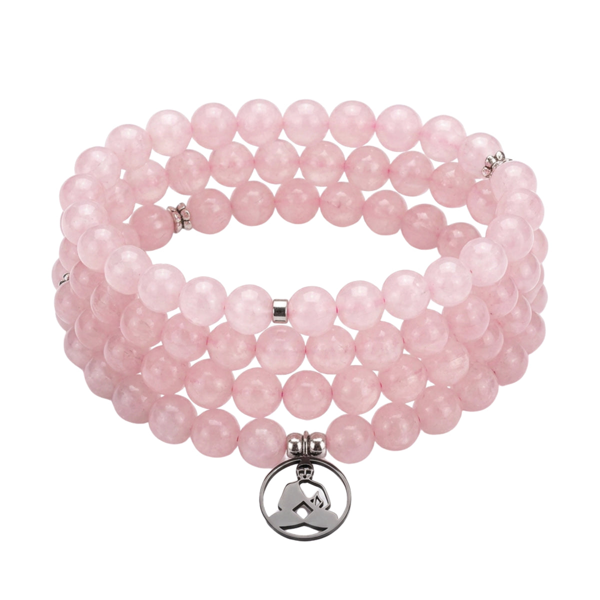 Mala 108 perles en quartz rose naturel – Fabrication française – Mala 108 perles en quartz rose naturel avec pendentif Bouddha assis en méditation en acier inoxydable.bouddha