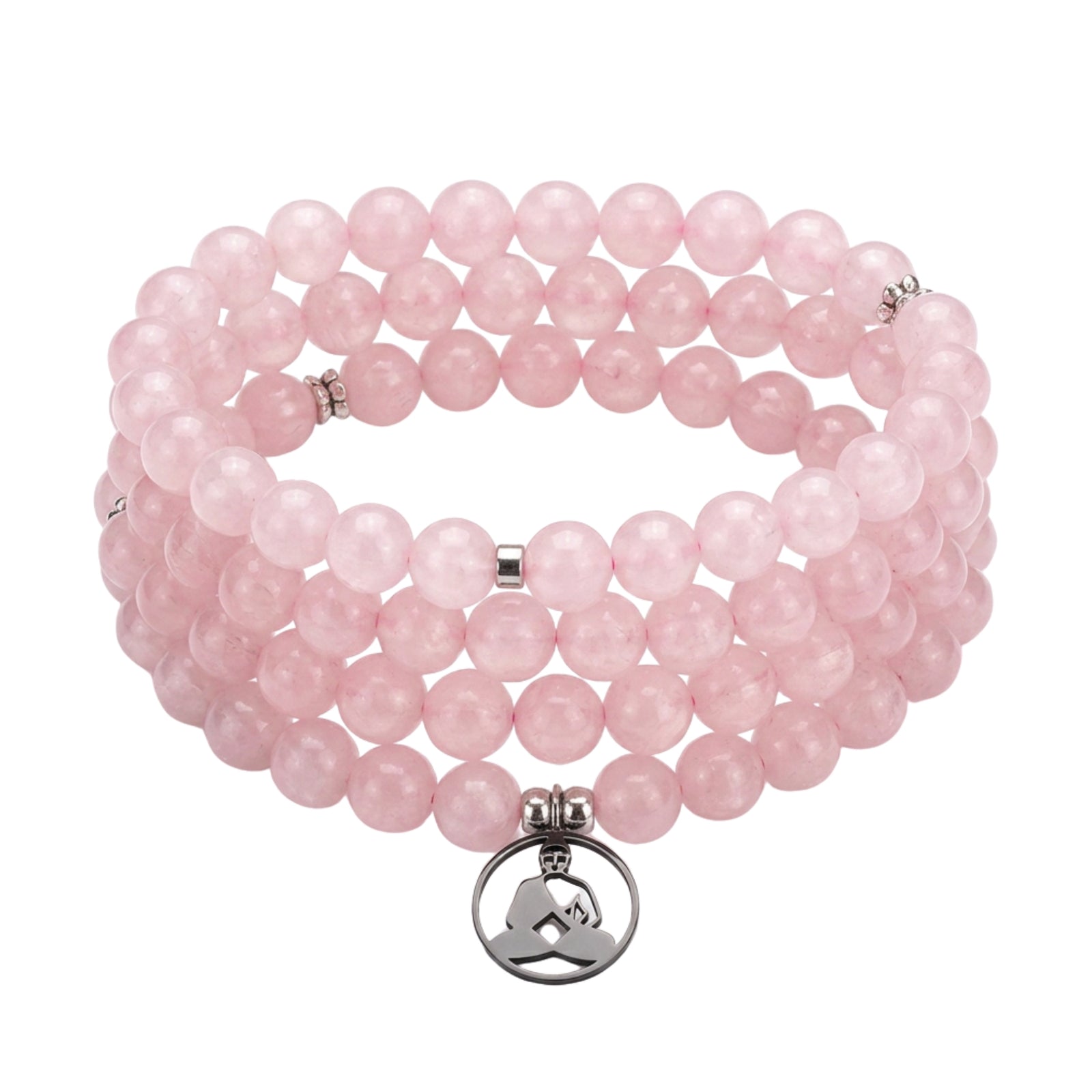 Mala 108 perles en quartz rose naturel – Fabrication française – Mala 108 perles en quartz rose naturel avec pendentif Bouddha assis en méditation en acier inoxydable.bouddha