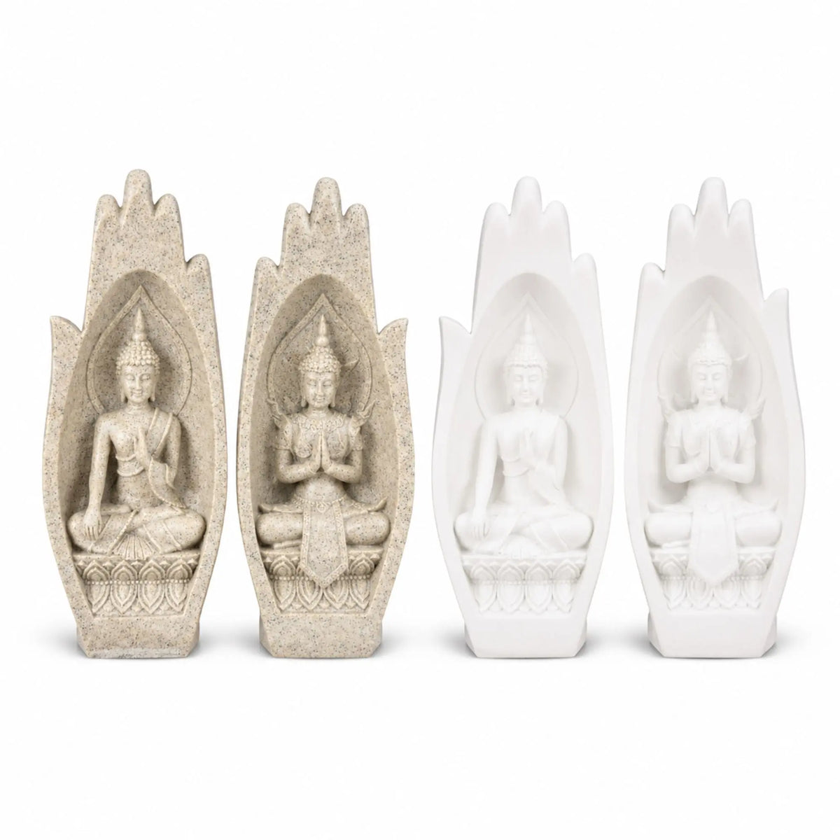 Paires de mains de Bouddha en résine de 21 cm en finitions blanc et sable effet grès sur fond blanc