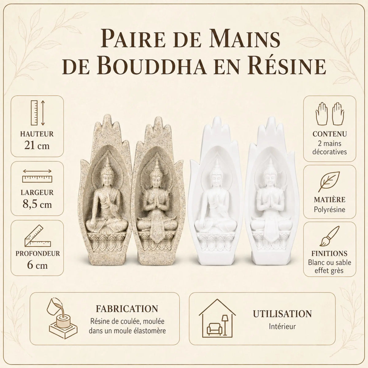 Infographie de la paire de mains de Bouddha en résine avec dimensions 21 × 8,5 × 6 cm
