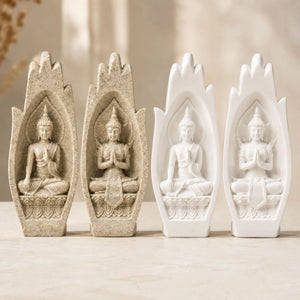Détail des figures de Bouddha, des socles lotus et des finitions blanche et sable effet grès