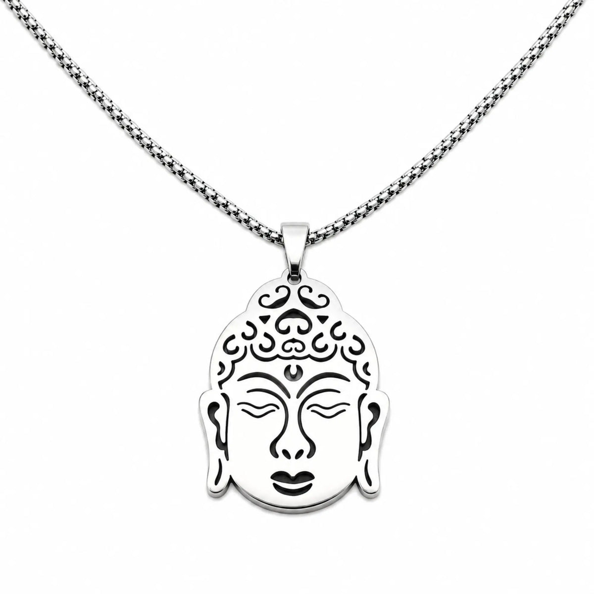Collier Bouddha argenté en acier inoxydable avec pendentif visage Bouddha et chaîne 60 cm