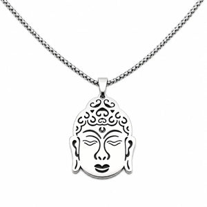 Collier Bouddha argenté en acier inoxydable avec pendentif visage Bouddha et chaîne 60 cm
