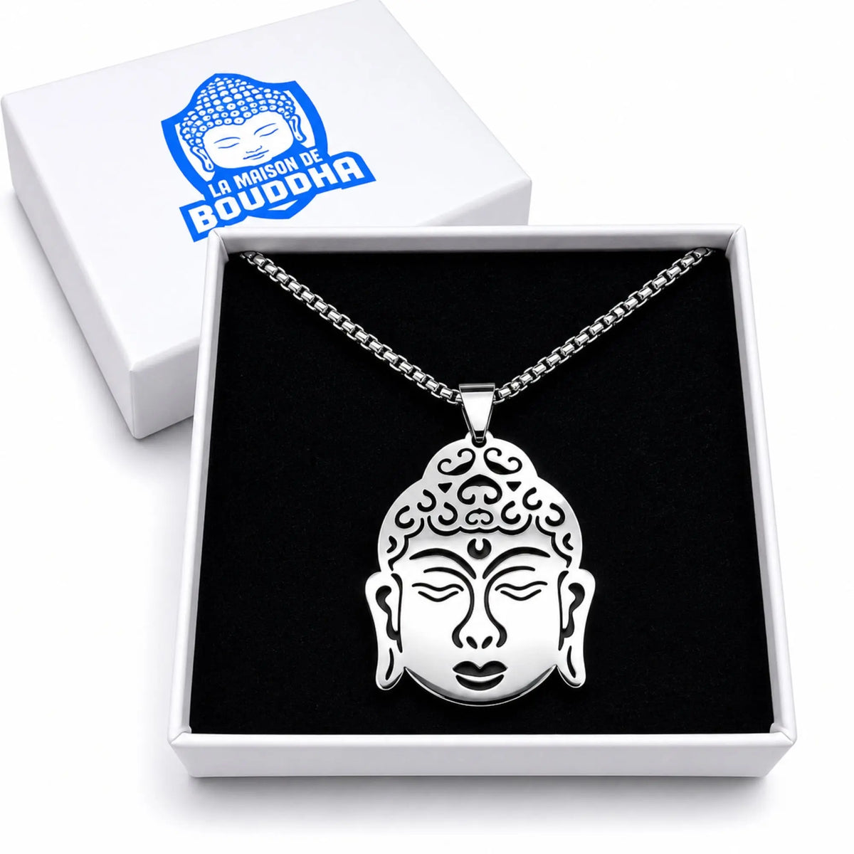 Collier visage de Bouddha argenté avec chaîne acier inoxydable