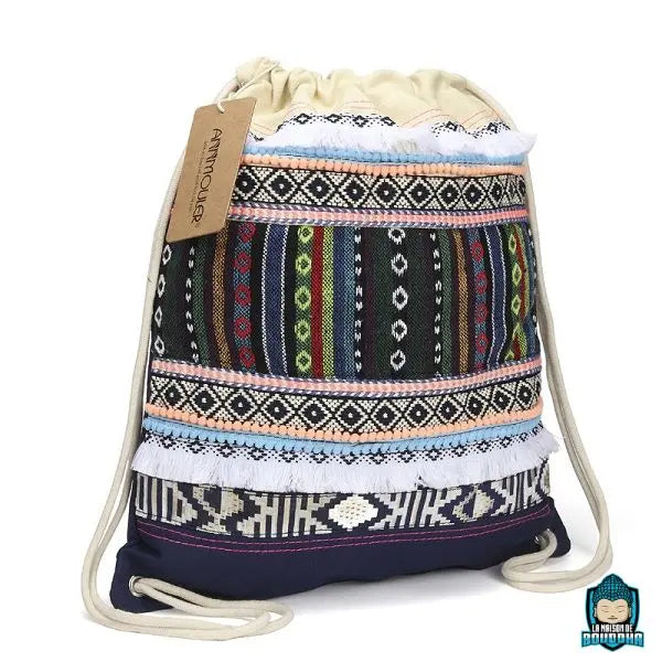 Sac-a-Dos-Ethnique-en-Toile-avec-Cordon-de-Serrage-version-Marine-avec-motifs-aztèques-et-décorations-fantaisistes-La-Maison-de-Bouddha