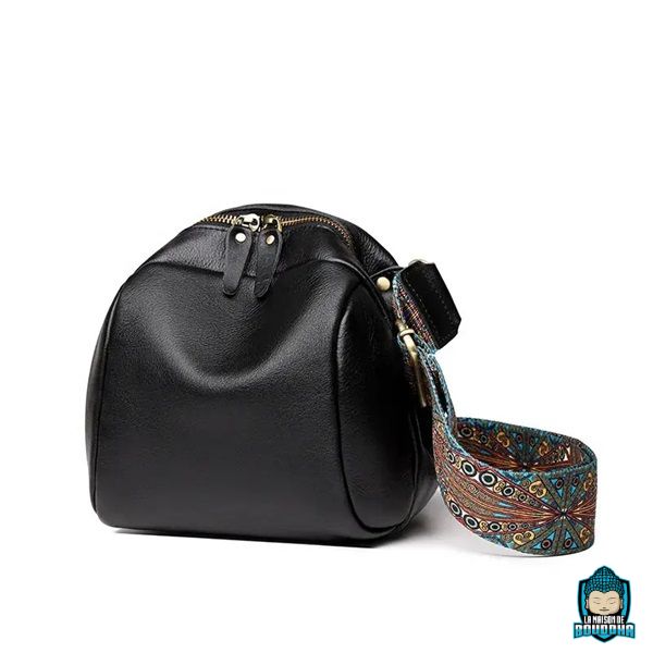 Sac-à-Main-Cuir-Bandoulière-Ethnique-cuir-de-vache-version-noir-intense-sangle-réglable-motif-ethnique-La-Maison-de-Bouddha