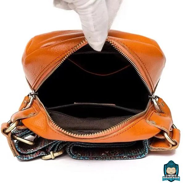 Sac-à-Main-Cuir-Bandoulière-Ethnique-cuir-de-vache-doublure-polyester-2-poches-intériures-bandoulière-réglable-motif-ethnique-La-Maison-de-Bouddha