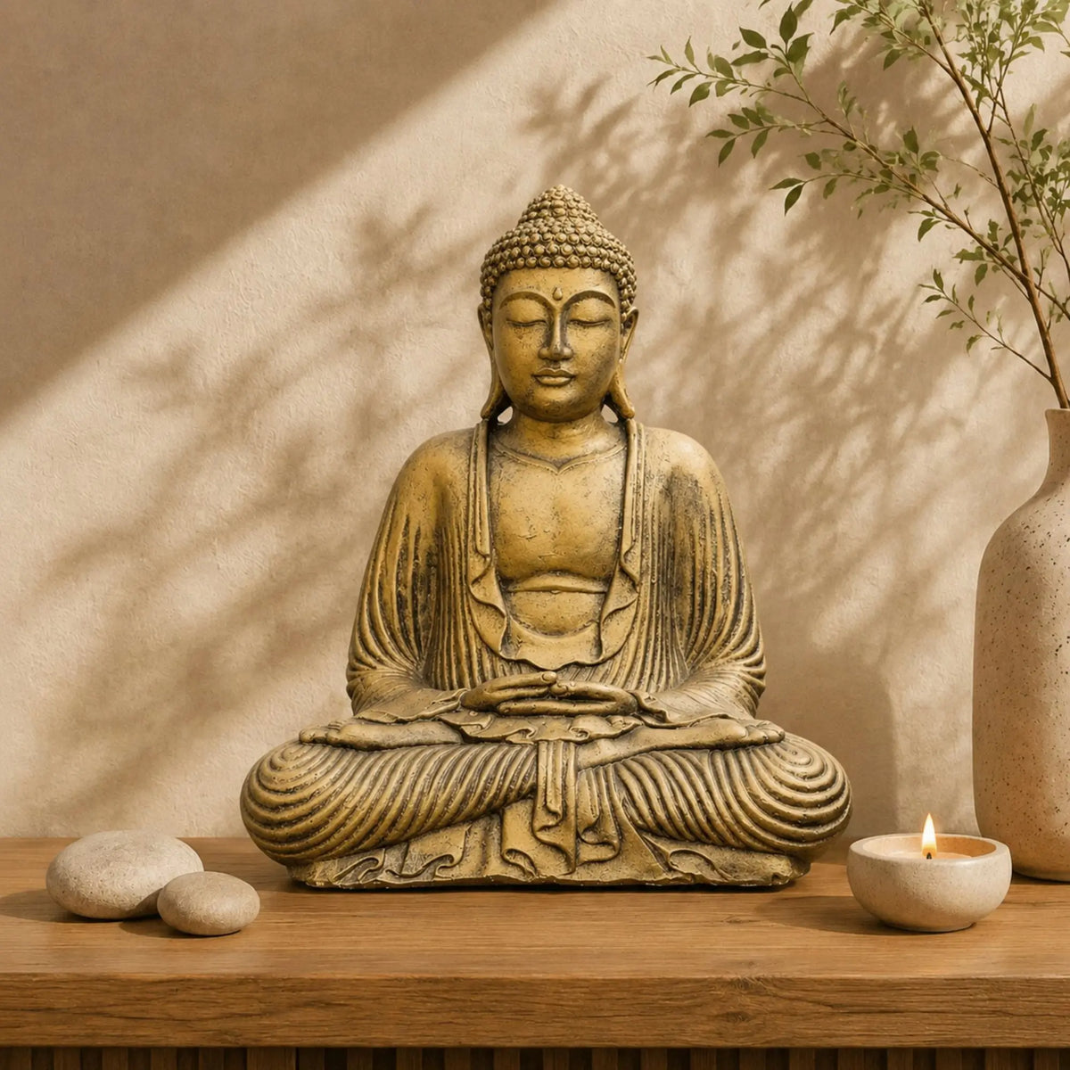 Statue Bouddha Assis Dorée en Béton – 42 cm  La Maison de Bouddha