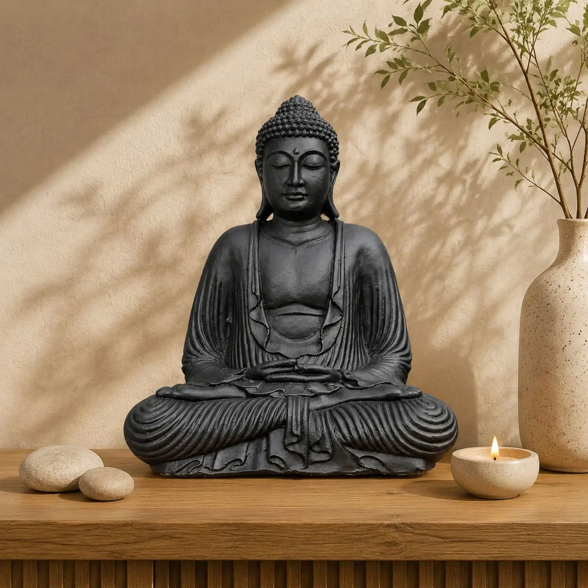 Statue Bouddha Assis Noire en Béton – 42 cm  La Maison de Bouddha