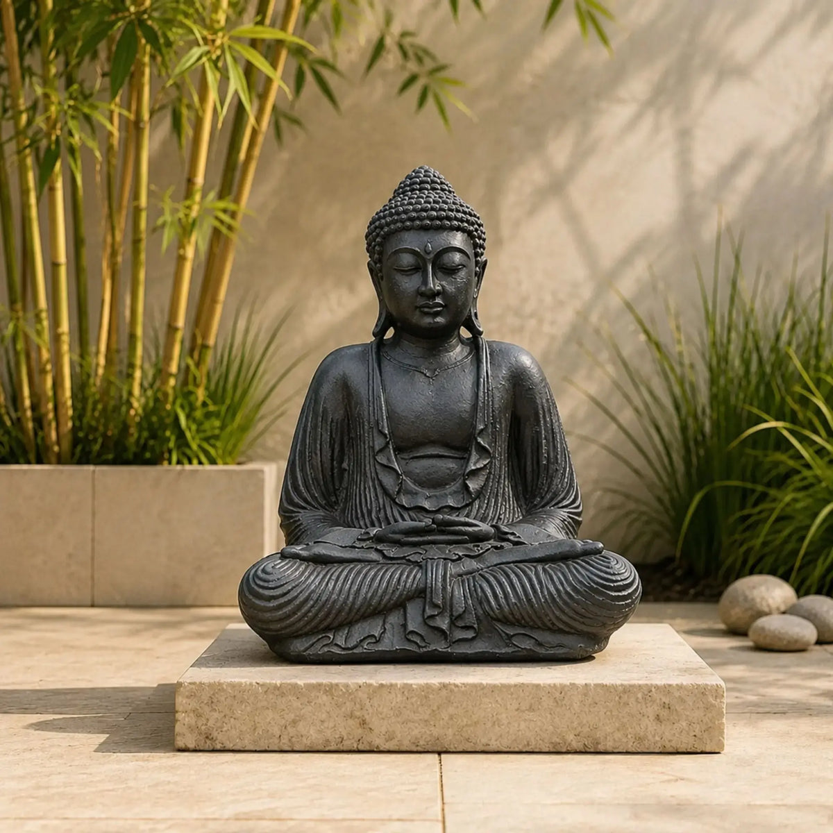 Statue Bouddha Assis Noire en Béton – 42 cm  La Maison de Bouddha