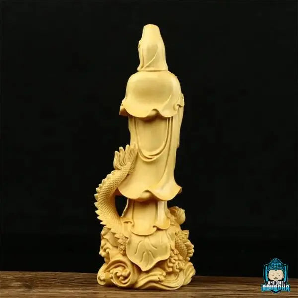 Statue Bouddha Dragon Guanyin en Bois de Buis Jaune