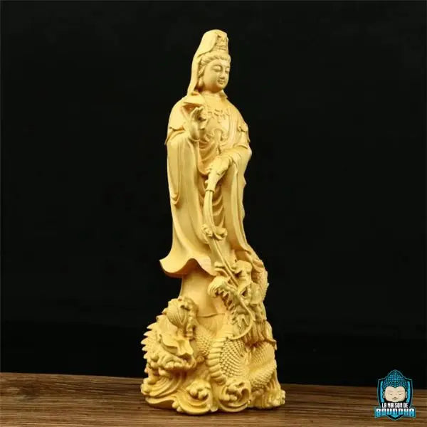 Statue Bouddha Dragon Guanyin en Bois de Buis Jaune