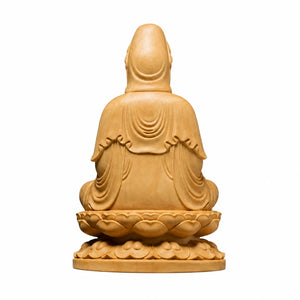Statue Guanyin Assise sur Lotus en Bois de Buis Sculpture en bois Bouddha Guanyin La Maison de Bouddha