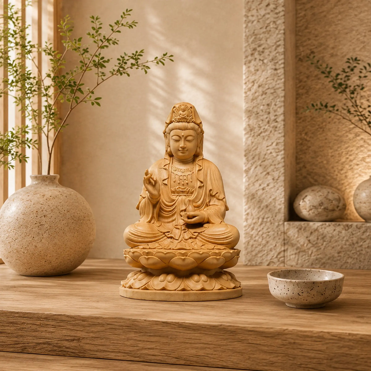 Statue Guanyin Assise sur Lotus en Bois de Buis Sculpture en bois Bouddha Guanyin La Maison de Bouddha