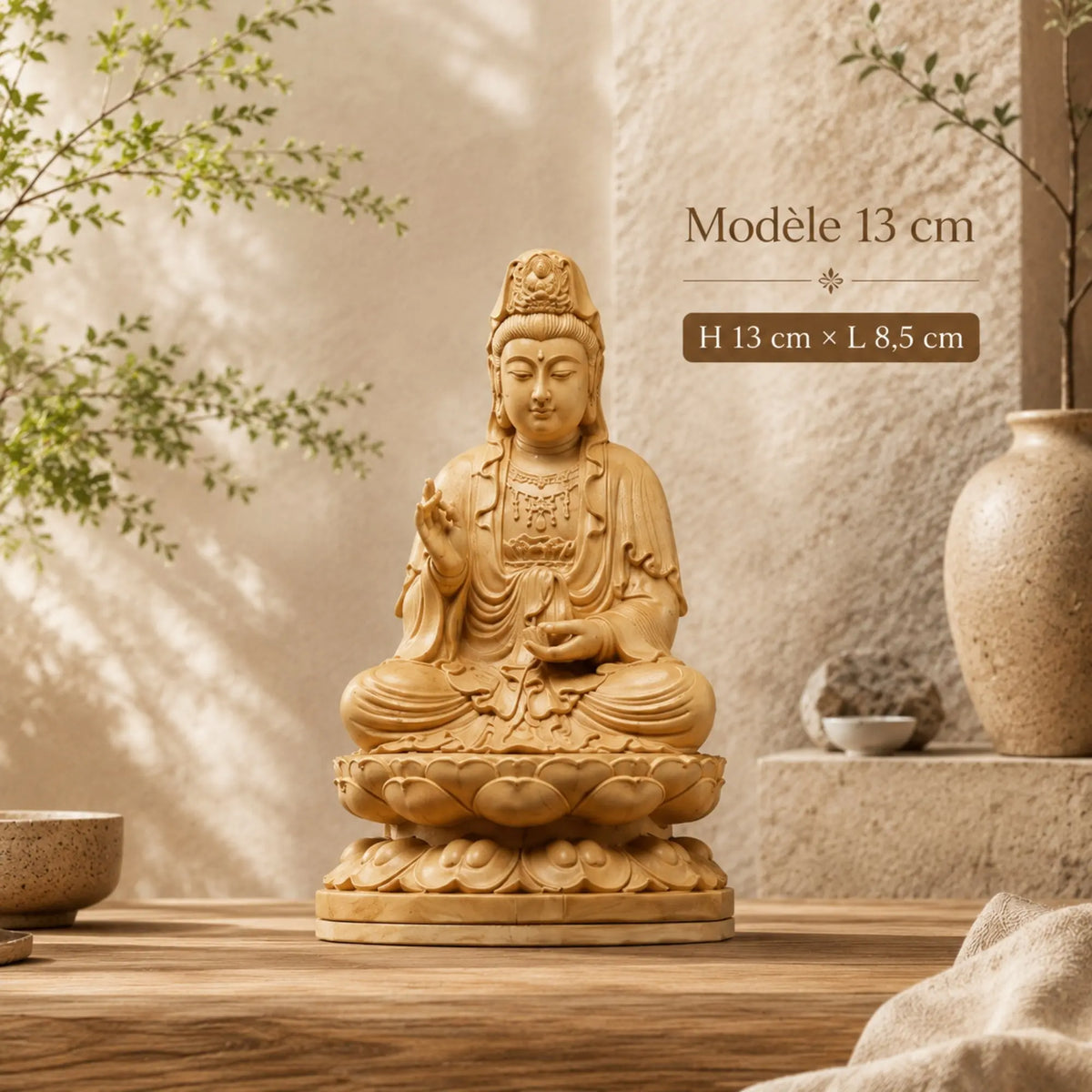 Statue Guanyin Assise sur Lotus en Bois de Buis Sculpture en bois Bouddha Guanyin La Maison de Bouddha