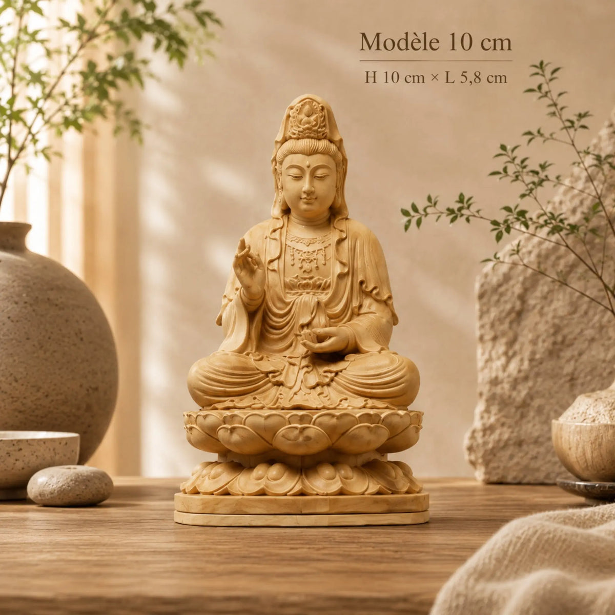 Statue Guanyin Assise sur Lotus en Bois de Buis Sculpture en bois Bouddha Guanyin La Maison de Bouddha