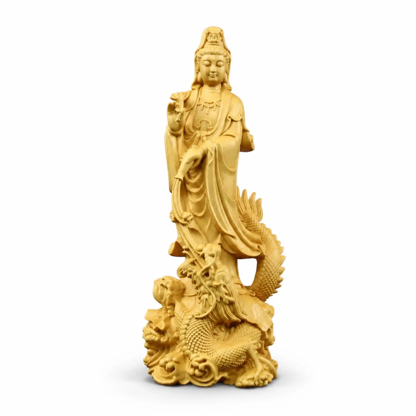 Statue Guanyin sur Dragon en Bois de Buis Sculptures et statues La Maison de Bouddha