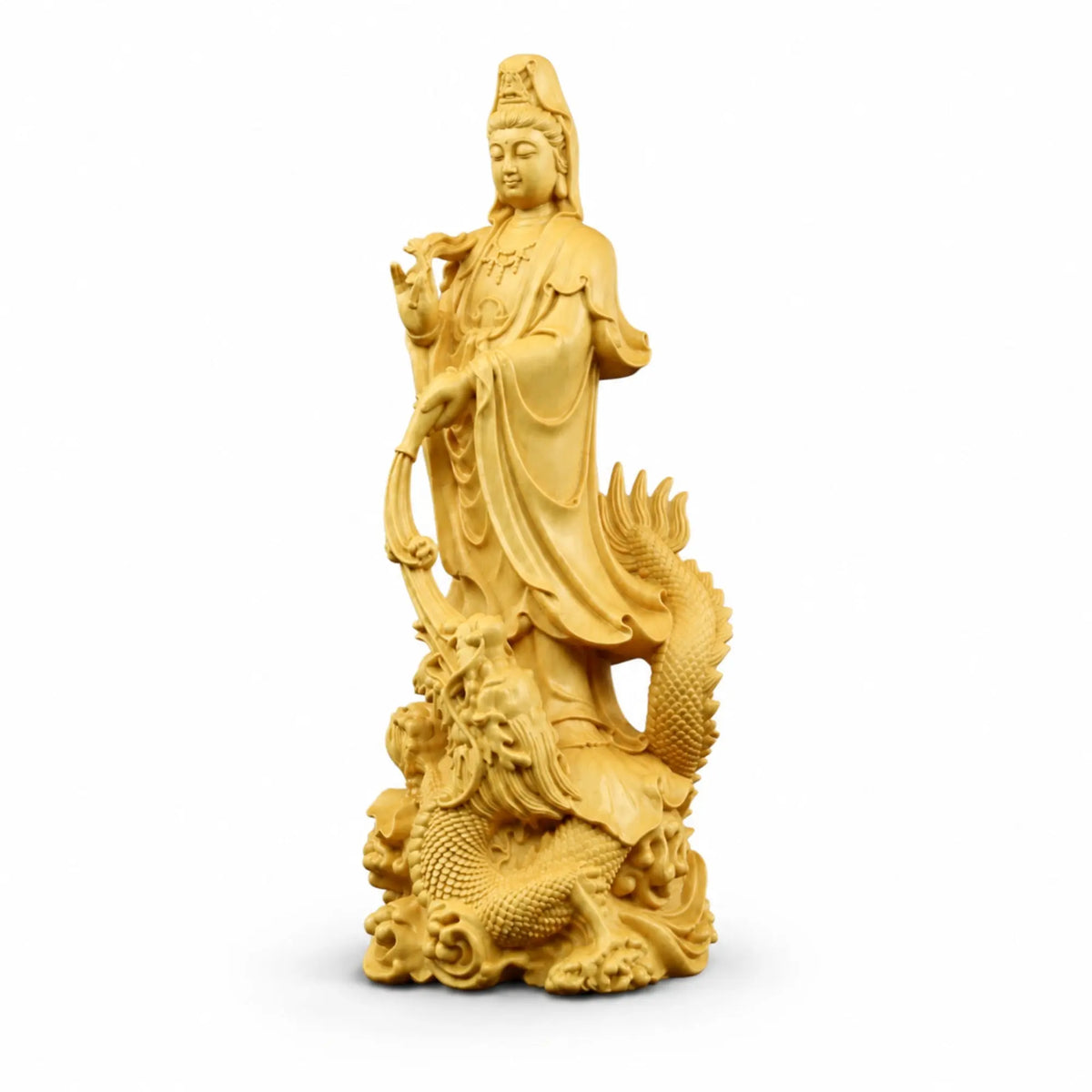 Statue Guanyin sur Dragon en Bois de Buis Sculptures et statues La Maison de Bouddha