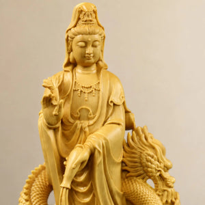 Statue Guanyin sur Dragon en Bois de Buis Sculptures et statues La Maison de Bouddha