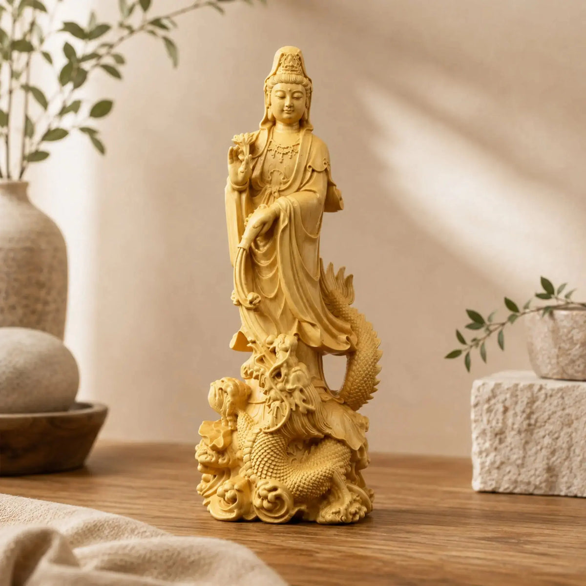 Statue Guanyin sur Dragon en Bois de Buis Sculptures et statues La Maison de Bouddha