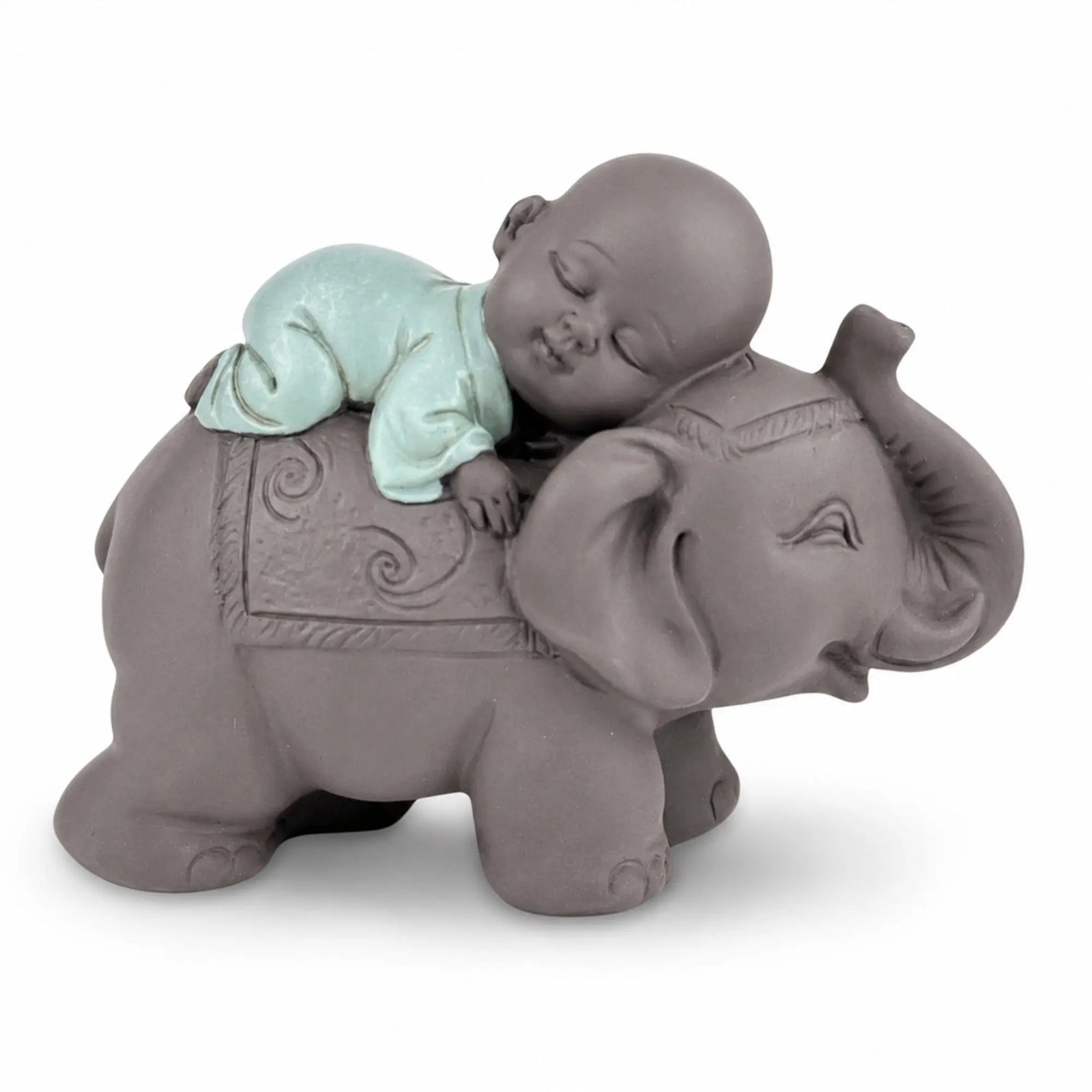 Statue Moine Bouddhiste Endormi sur Éléphant – 9,5 cm statue bouddhiste en résine La Maison de Bouddha