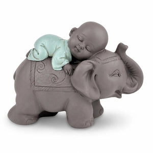 Statue Moine Bouddhiste Endormi sur Éléphant – 9,5 cm statue bouddhiste en résine La Maison de Bouddha
