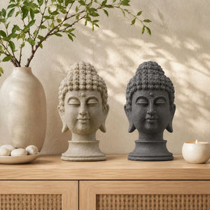 Statues têtes de Bouddha sable et gris sombre de 33 cm dans une décoration intérieure zen
