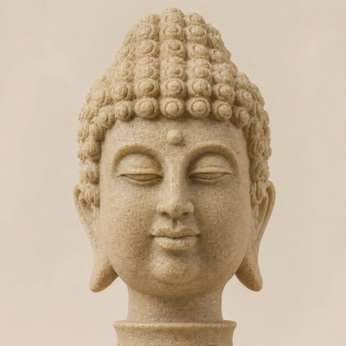 Gros plan sur le visage serein et la finition sable de la statue tête de Bouddha en résine