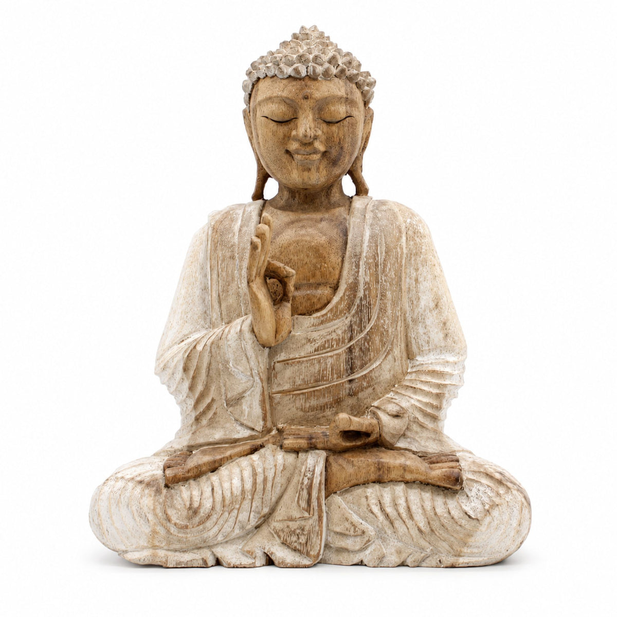 Statue Bouddha assis Vitarka Mudra en bois de Suar blanchi de 30 cm sur fond blanc