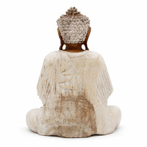 Vue de dos de la statue Bouddha assis Vitarka Mudra en bois de Suar blanchi de 30 cm