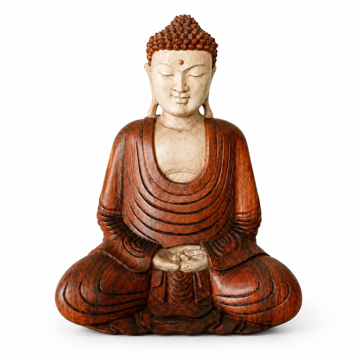 Statue Bouddha assis en méditation en bois de Suar sculptée à la main de 40 cm sur fond blanc