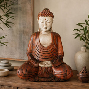 Statue Bouddha assis en méditation en bois de Suar sculptée à la main de 40 cm dans une décoration intérieure