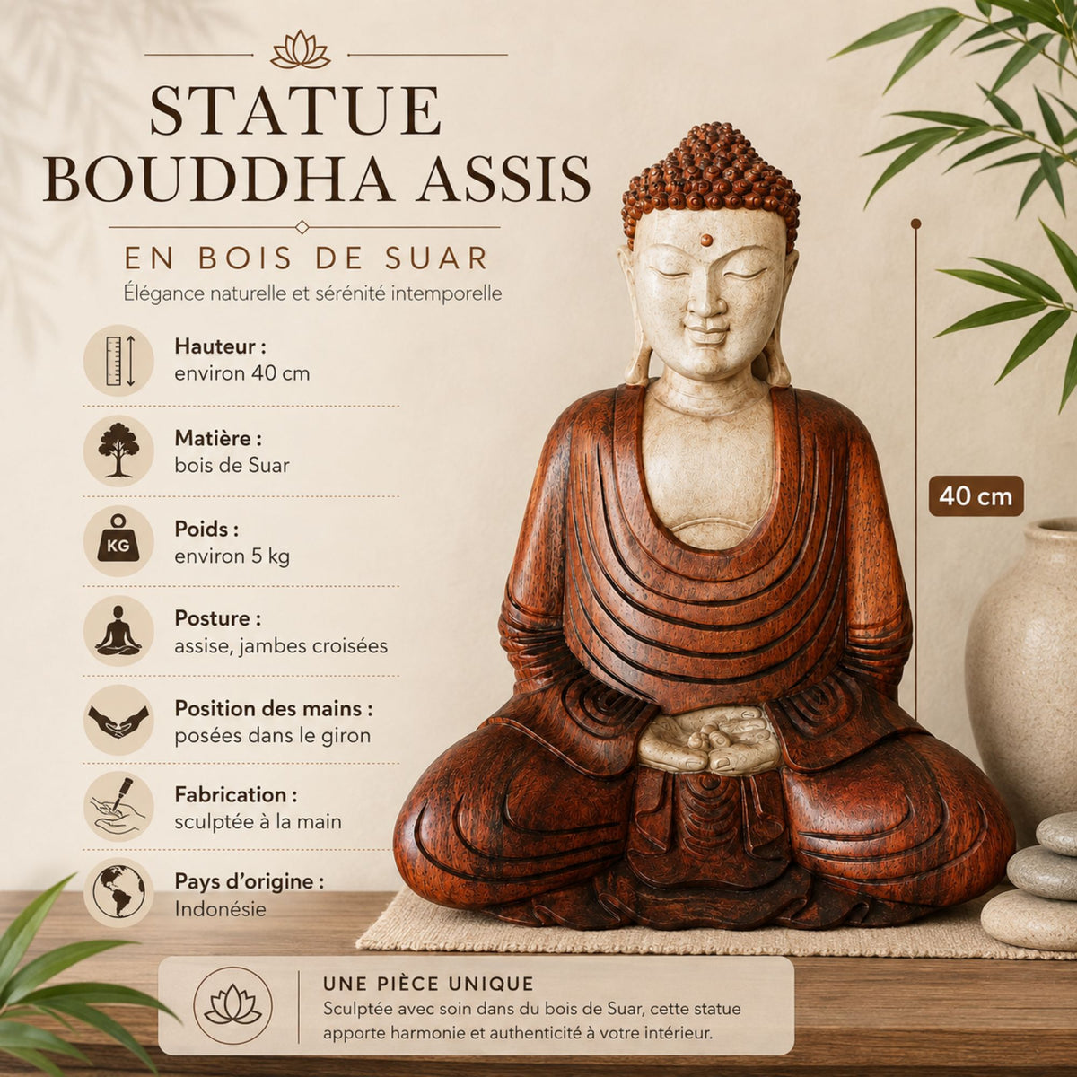 Dimensions et caractéristiques de la statue Bouddha assis en méditation en bois de Suar sculptée à la main de 40 cm