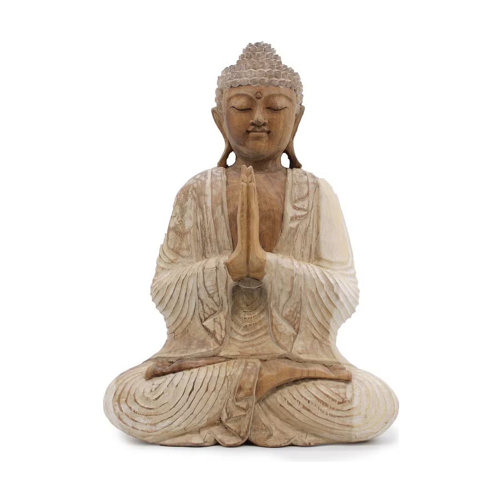 Statue Bouddha Namasté aux mains jointes en bois de Suar – 40 cm