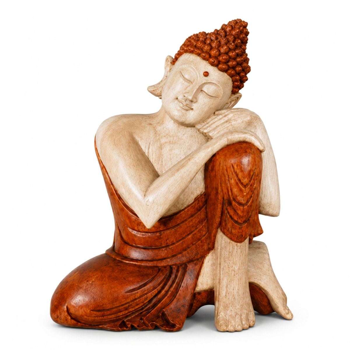 Statue Bouddha pensif en bois de Suar sculptée à la main de 25 cm sur fond blanc