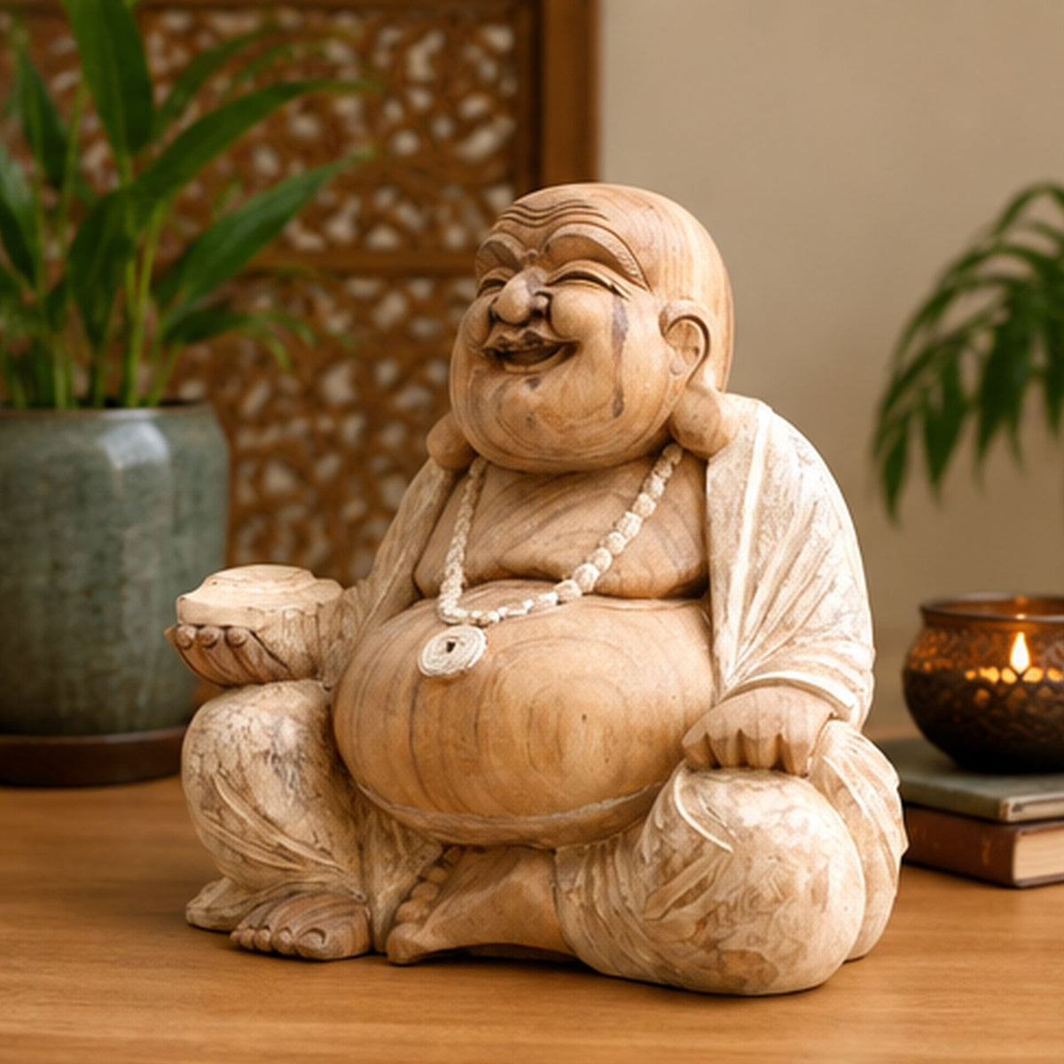 Statue Bouddha Rieur Budai en bois de Suar de 40 cm en décoration intérieure