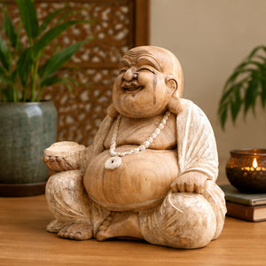 Statue Bouddha Rieur Budai en bois de Suar de 40 cm en décoration intérieure