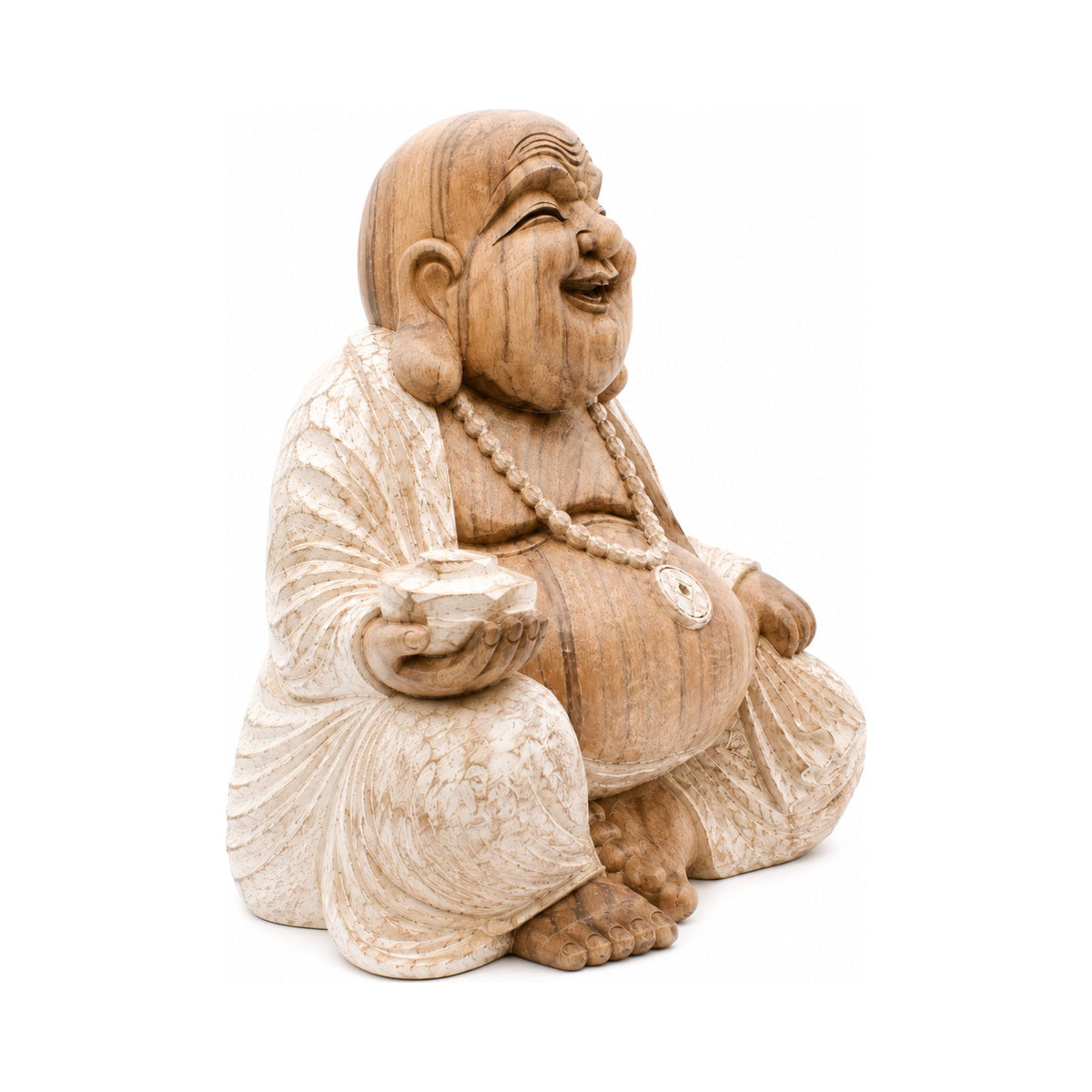 Vue de face de la statue Bouddha Rieur Budai en bois de Suar – 40 cm
