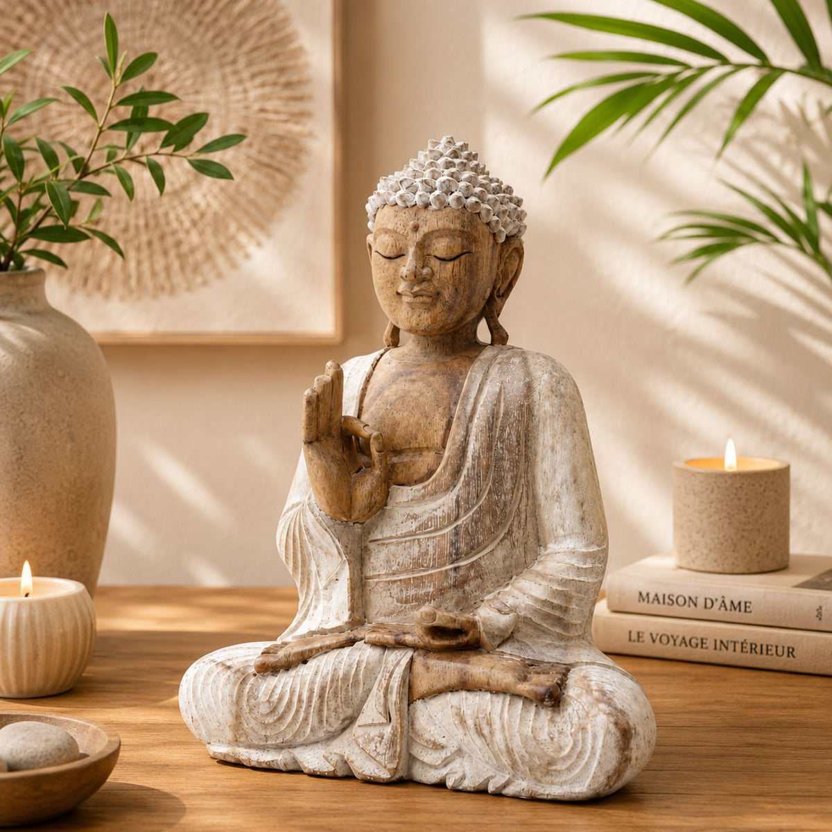 Statue Bouddha assis Vitarka Mudra en bois de Suar blanchi de 30 cm dans une décoration intérieure