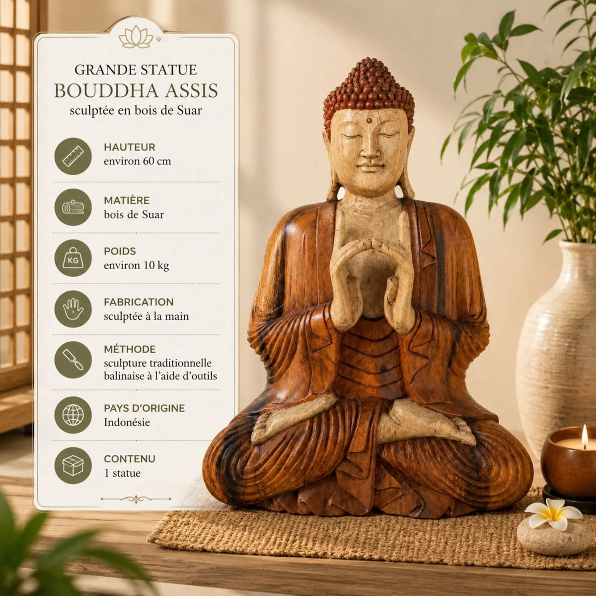 Dimensions et caractéristiques de la statue Bouddha assis en bois de Suar sculptée à la main de 60 cm
