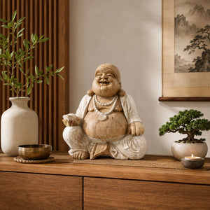 Statue Budai en bois de Suar blanchi présentée dans une décoration intérieure