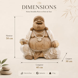 Dimensions de la statue Bouddha Rieur Budai en bois de Suar – 50 x 40 x 30 cm