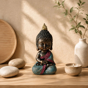 Statuette Bébé Bouddha en méditation de 14 cm présentée dans un décor zen en bois naturel