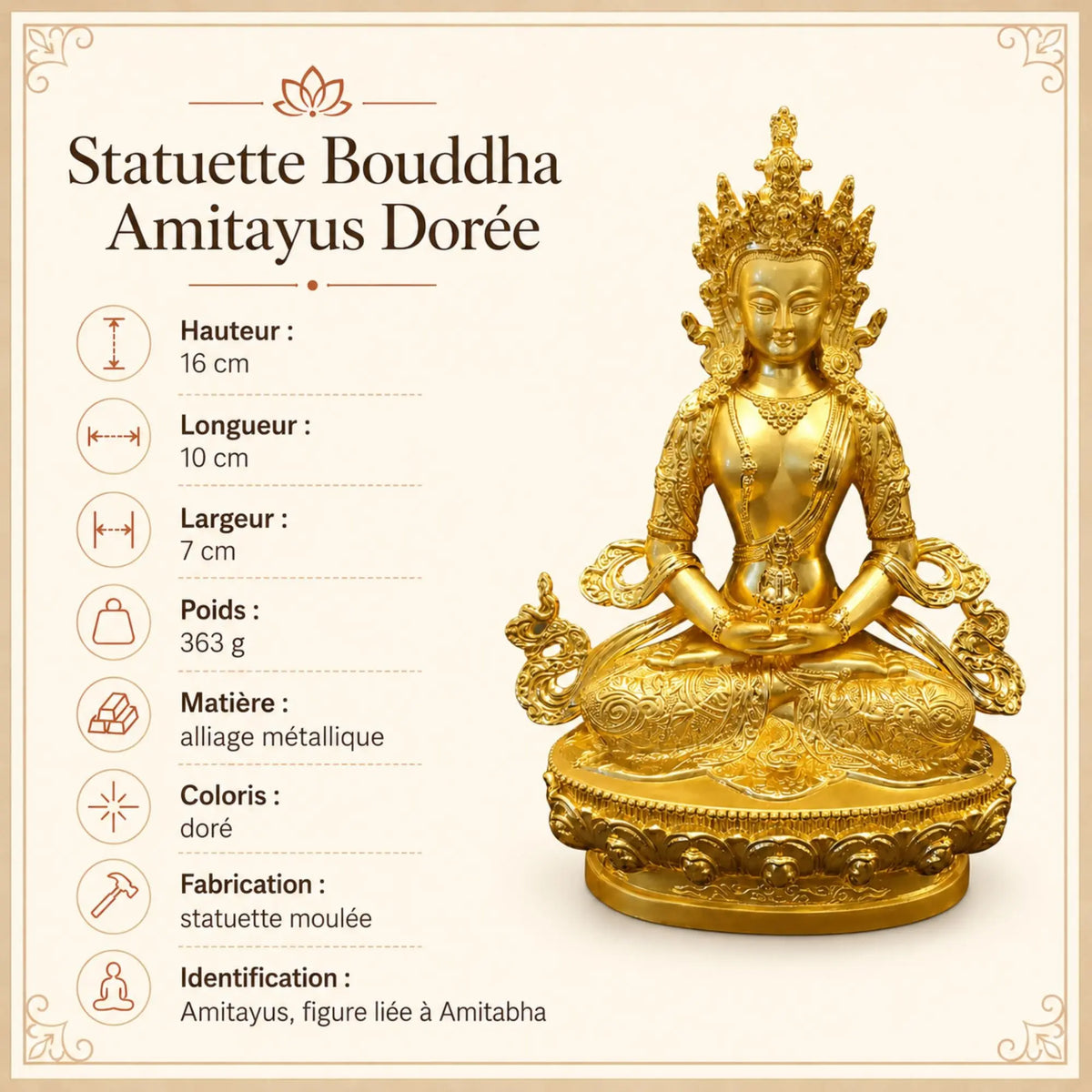 Dimensions et caractéristiques de la statuette Bouddha Amitayus dorée 16 cm