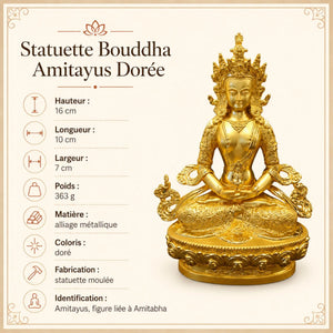 Dimensions et caractéristiques de la statuette Bouddha Amitayus dorée 16 cm